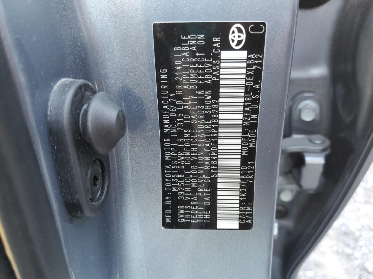 2024 Toyota Corolla Le VIN: 5YFB4MDE1RP188282 Lot: 91247355