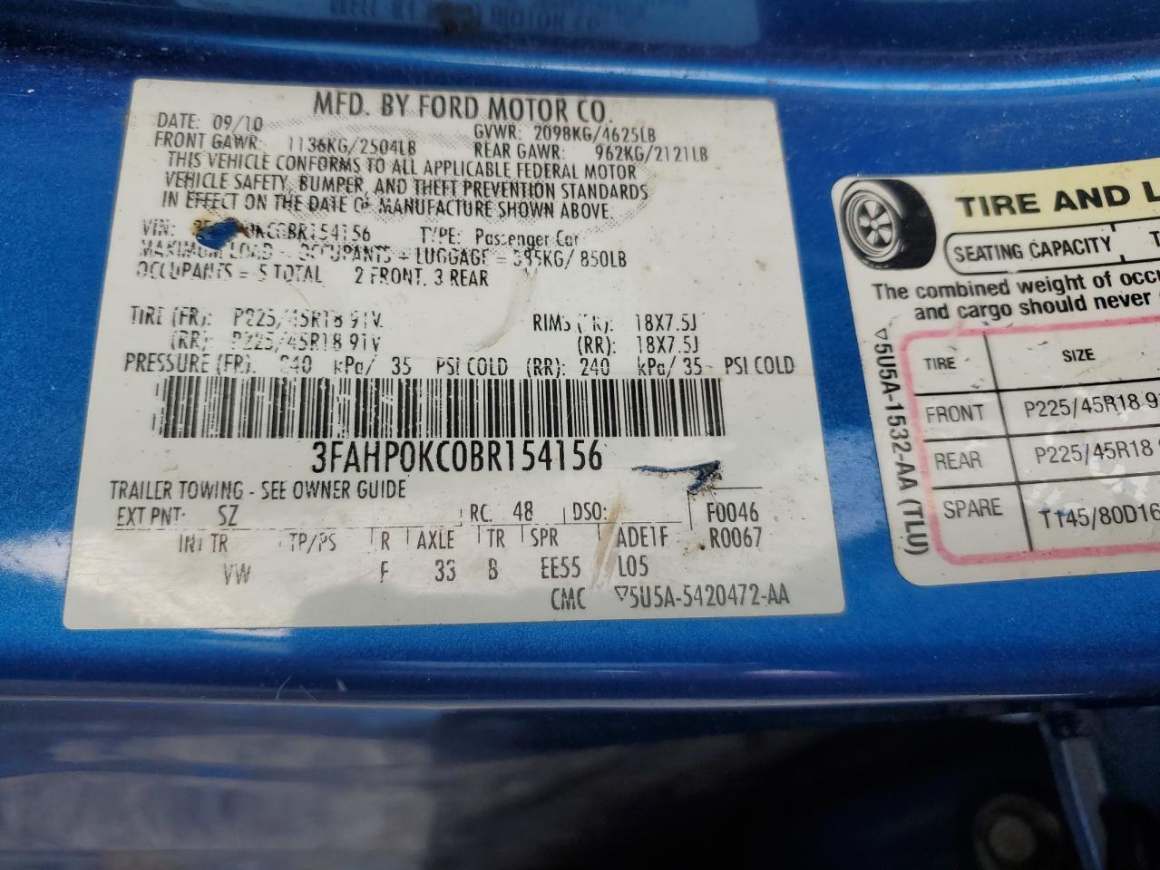 2011 Ford Fusion Sport VIN: 3FAHP0KC0BR154156 Lot: 92682065