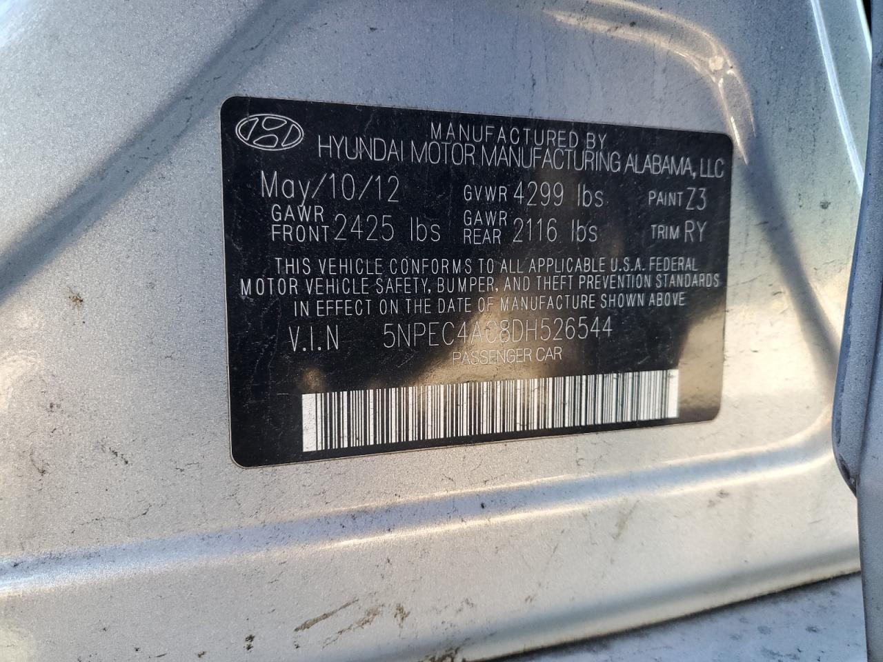 2013 Hyundai Sonata Se VIN: 5NPEC4AC8DH526544 Lot: 91573575