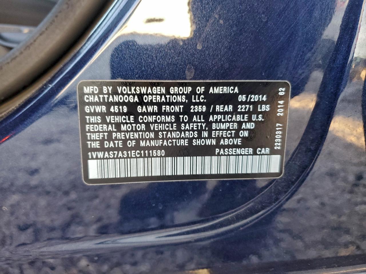 2014 Volkswagen Passat S VIN: 1VWAS7A31EC111580 Lot: 94245555