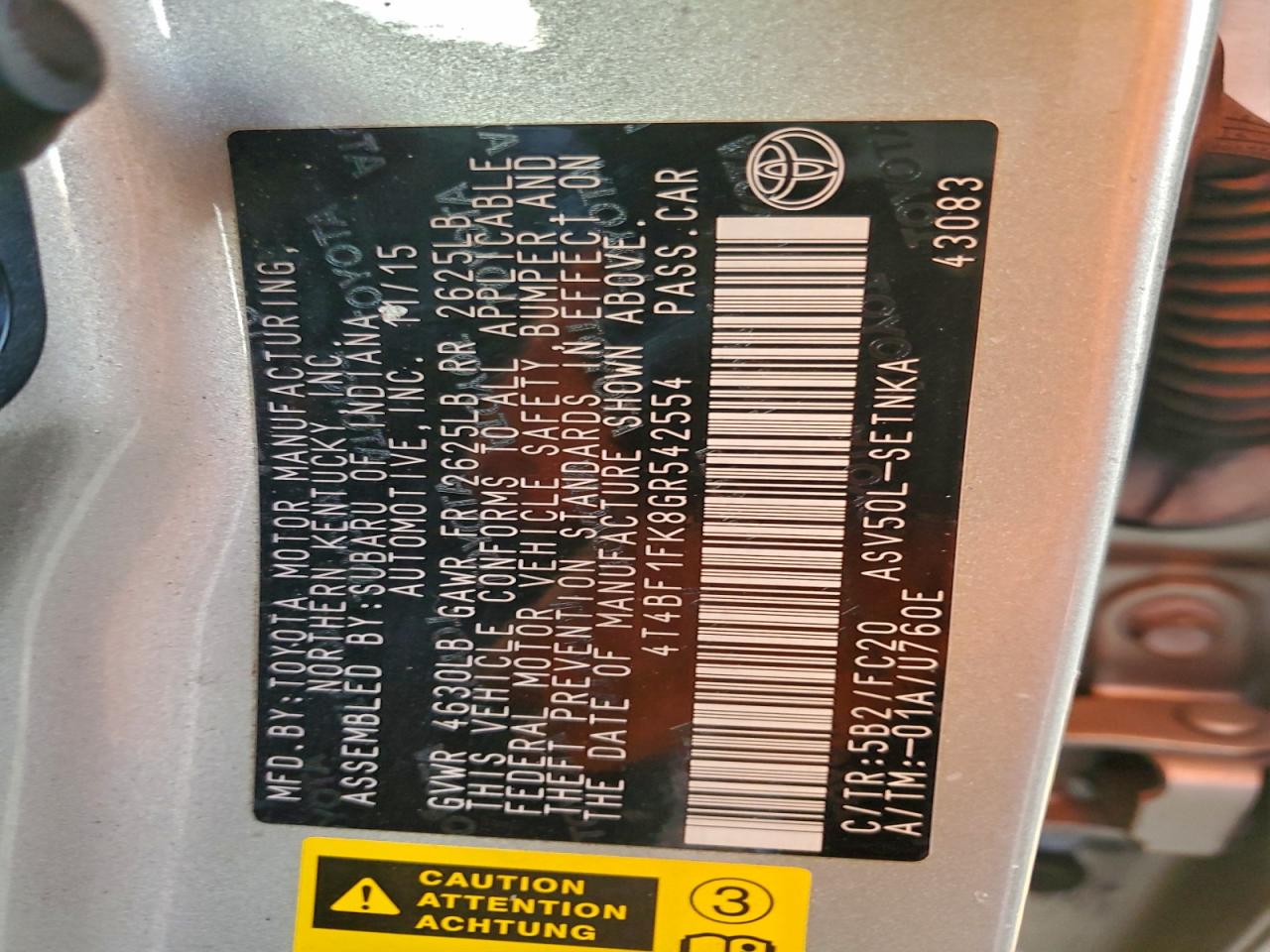 2016 Toyota Camry Le VIN: 4T4BF1FK8GR542554 Lot: 94515295