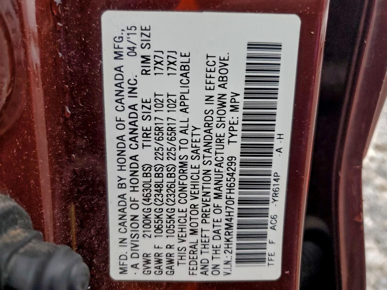 2015 Honda Cr-V Exl VIN: 2HKRM4H70FH654299 Lot: 93706575