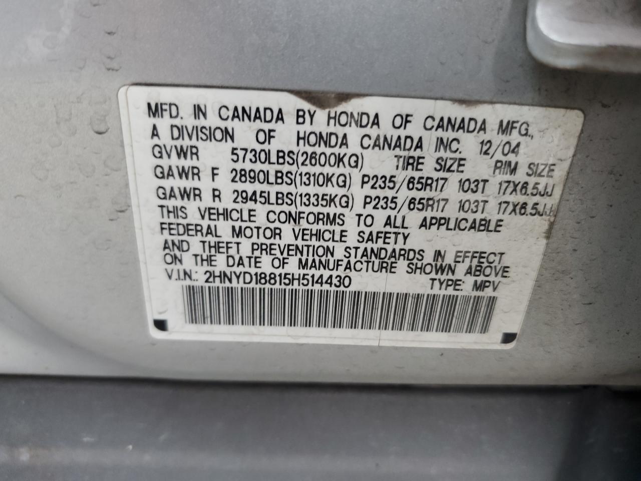 2005 Acura Mdx Touring VIN: 2HNYD18815H514430 Lot: 92907385