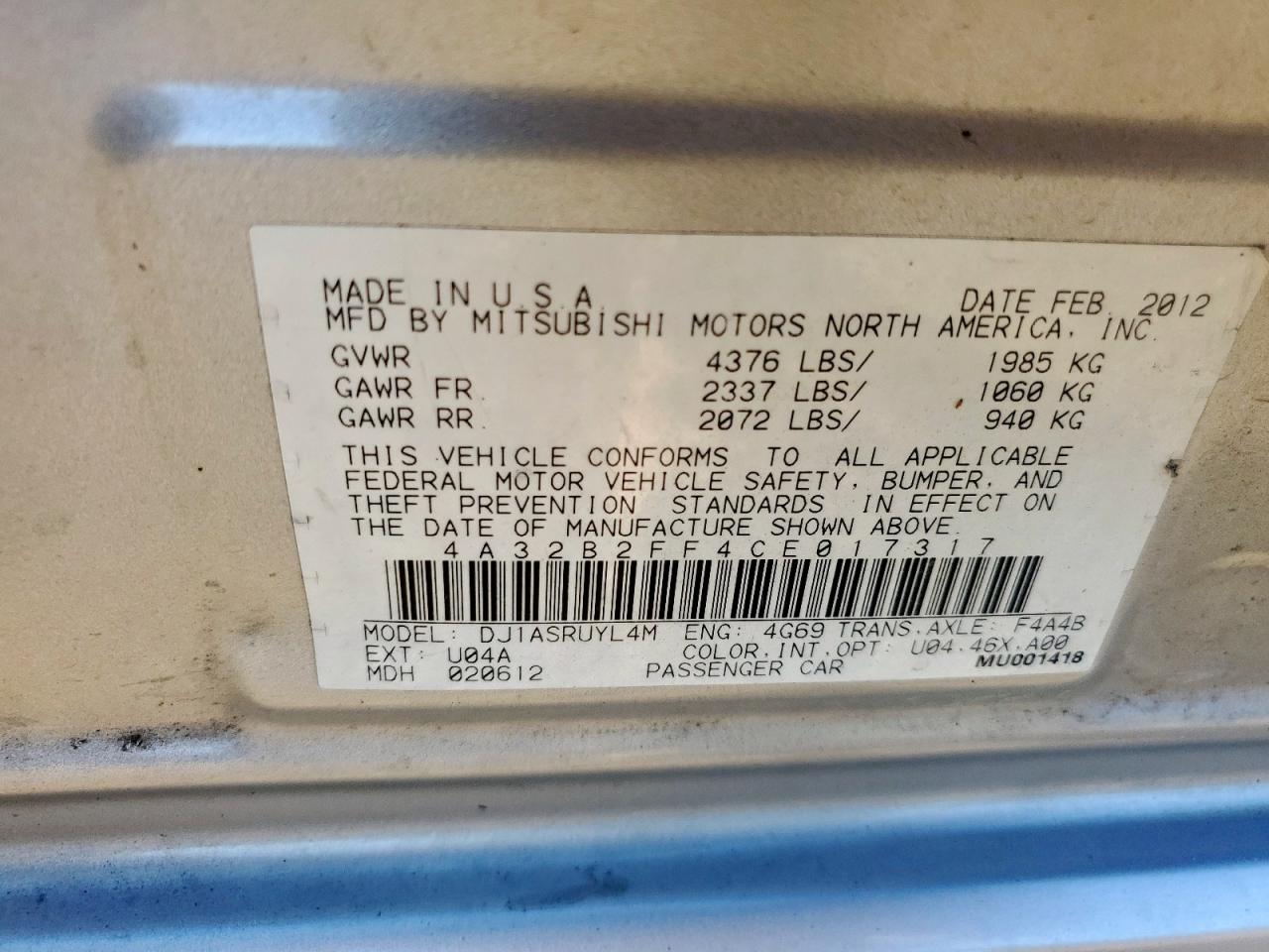 2012 Mitsubishi Galant Fe VIN: 4A32B2FF4CE017317 Lot: 92018345