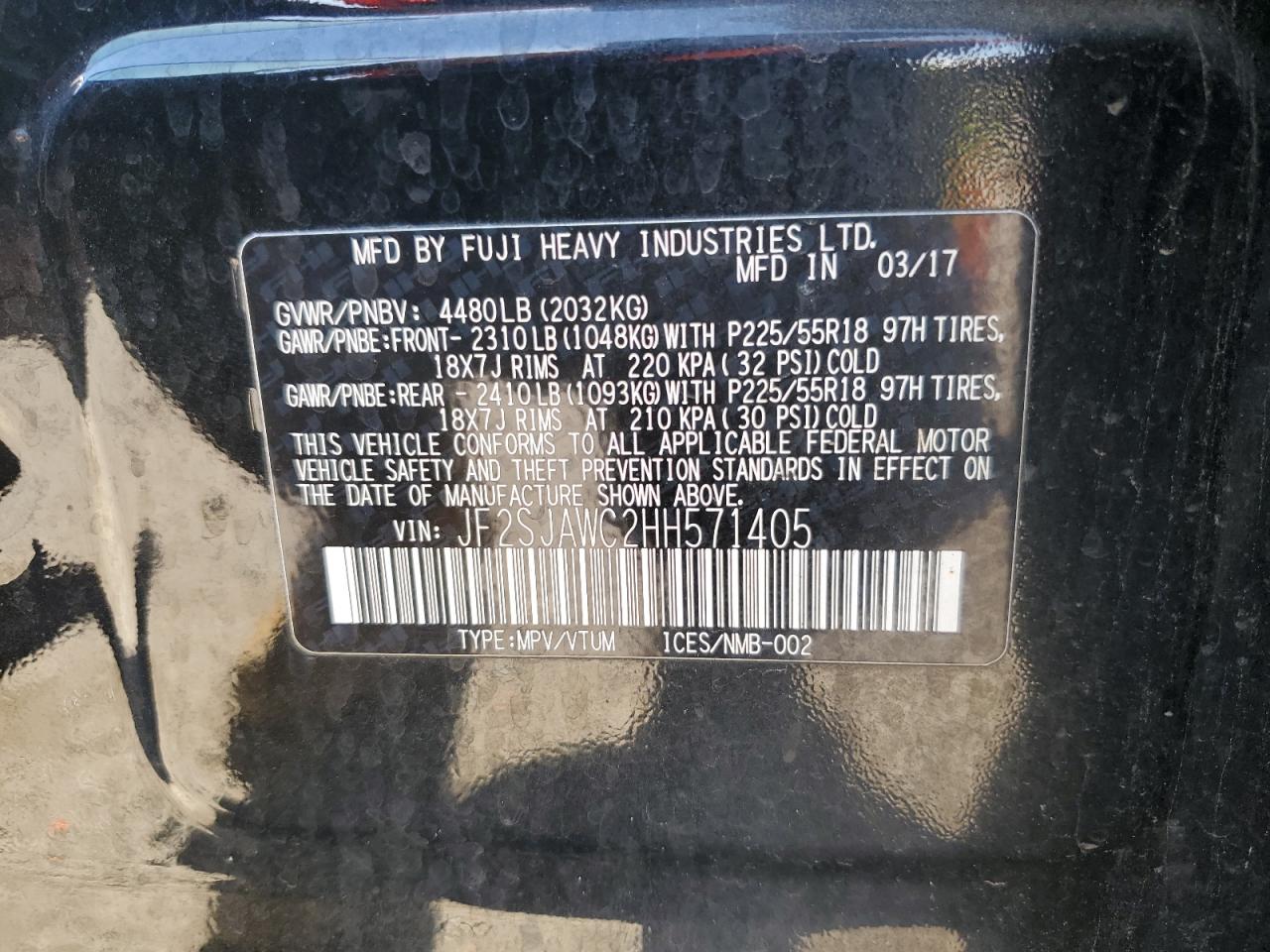 2017 Subaru Forester 2.5I Touring VIN: JF2SJAWC2HH571405 Lot: 91171945