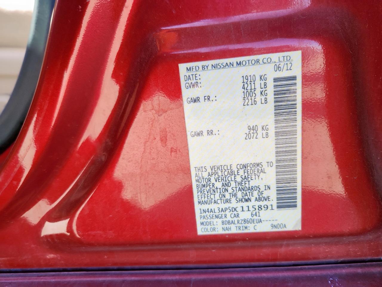 2013 Nissan Altima 2.5 VIN: 1N4AL3AP5DC115891 Lot: 91910835