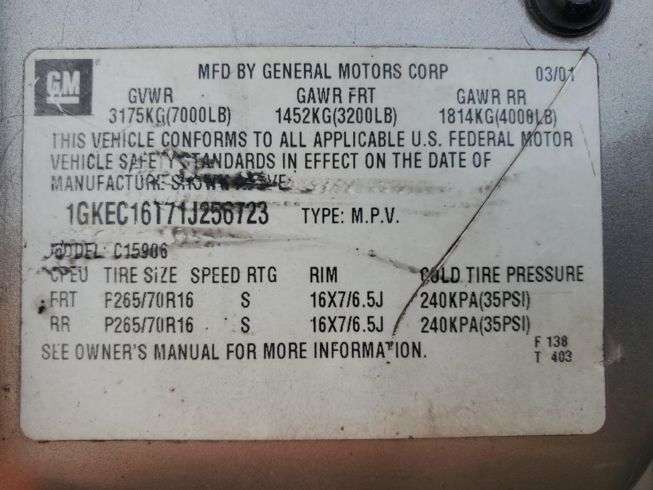 2001 GMC Yukon Xl C1500 VIN: 1GKEC16T71J256723 Lot: 92955365