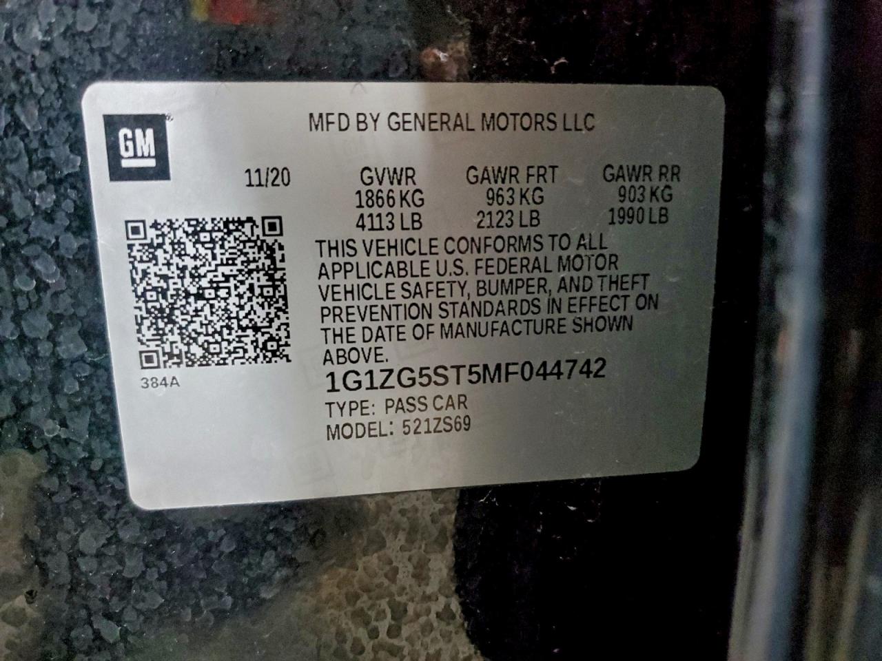 2021 Chevrolet Malibu Rs VIN: 1G1ZG5ST5MF044742 Lot: 94084805