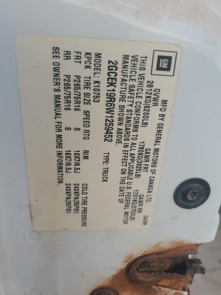 1998 Chevrolet Gmt-400 K1500 VIN: 2GCEK19R6W1259452 Lot: 93072295