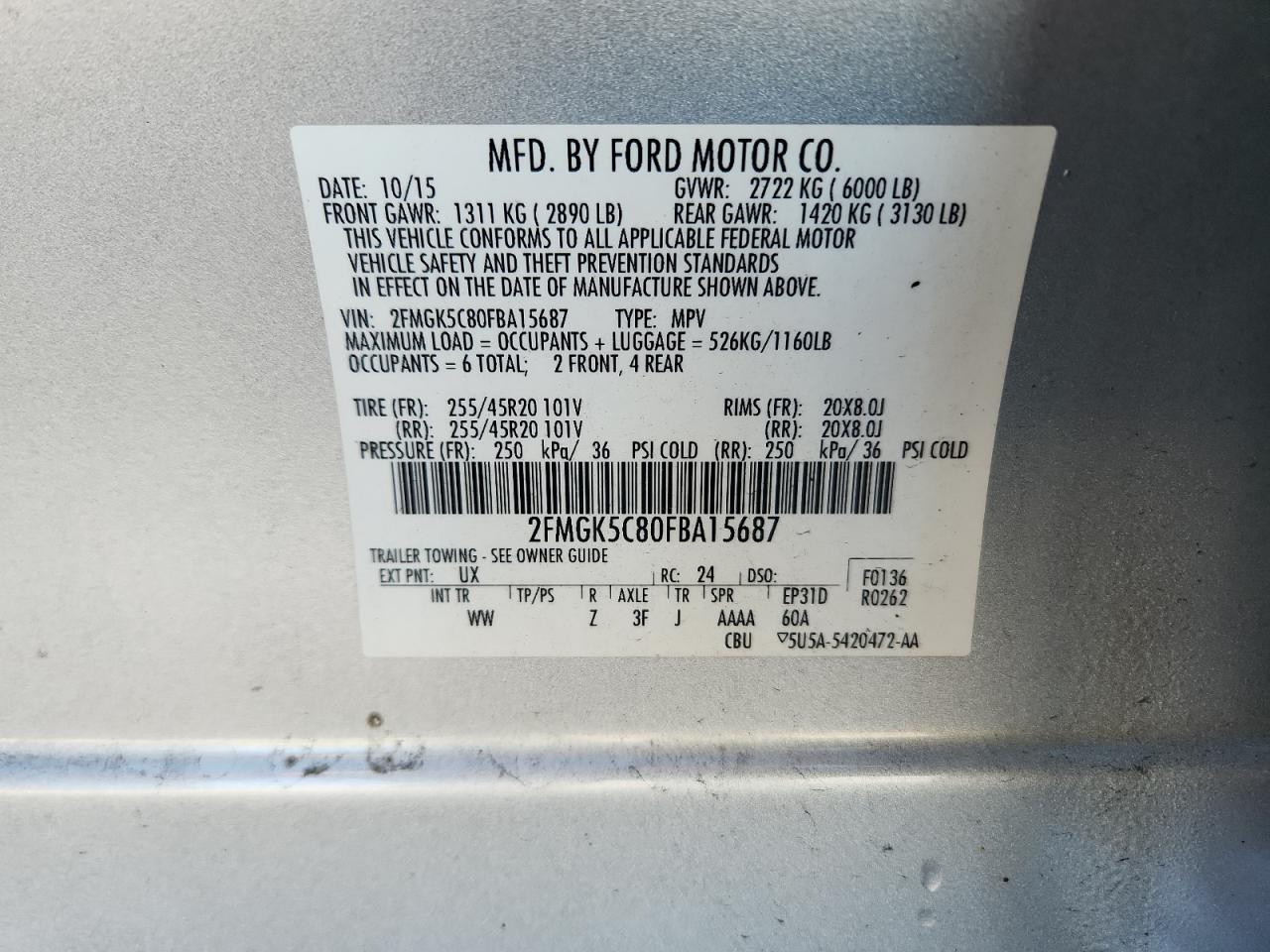 2015 Ford Flex Sel VIN: 2FMGK5C80FBA15687 Lot: 92987925