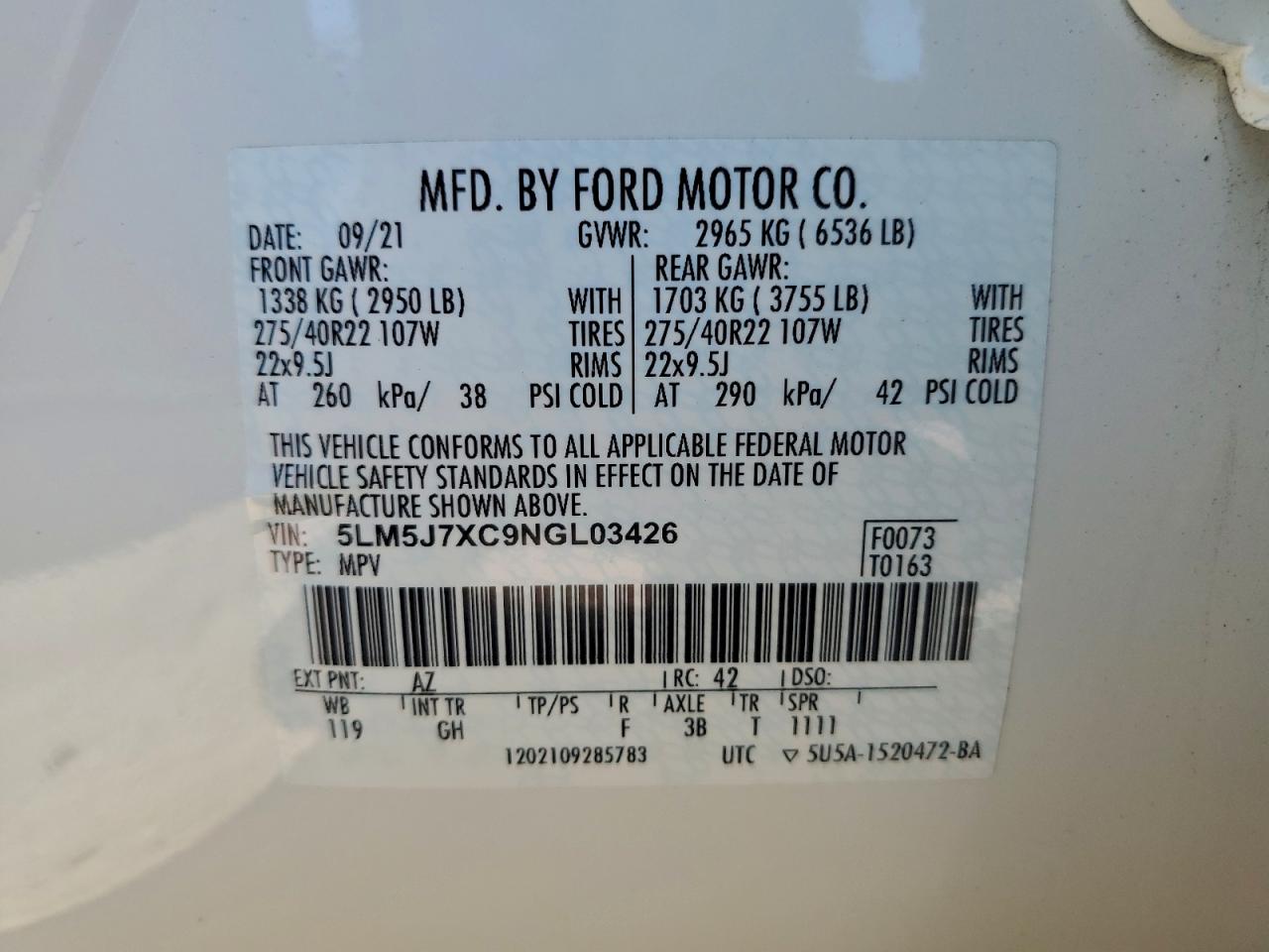 2022 Lincoln Aviator Reserve VIN: 5LM5J7XC9NGL03426 Lot: 93893355