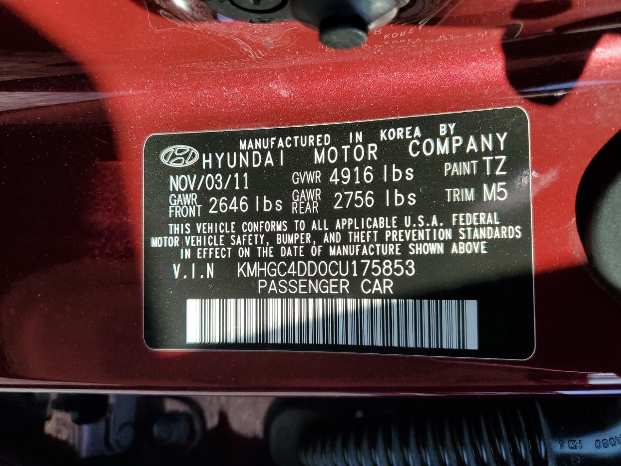 2012 Hyundai Genesis 3.8L VIN: KMHGC4DD0CU175853 Lot: 93644575