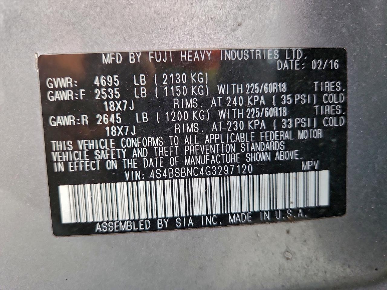 2016 Subaru Outback 2.5I Limited VIN: 4S4BSBNC4G3297120 Lot: 93872595