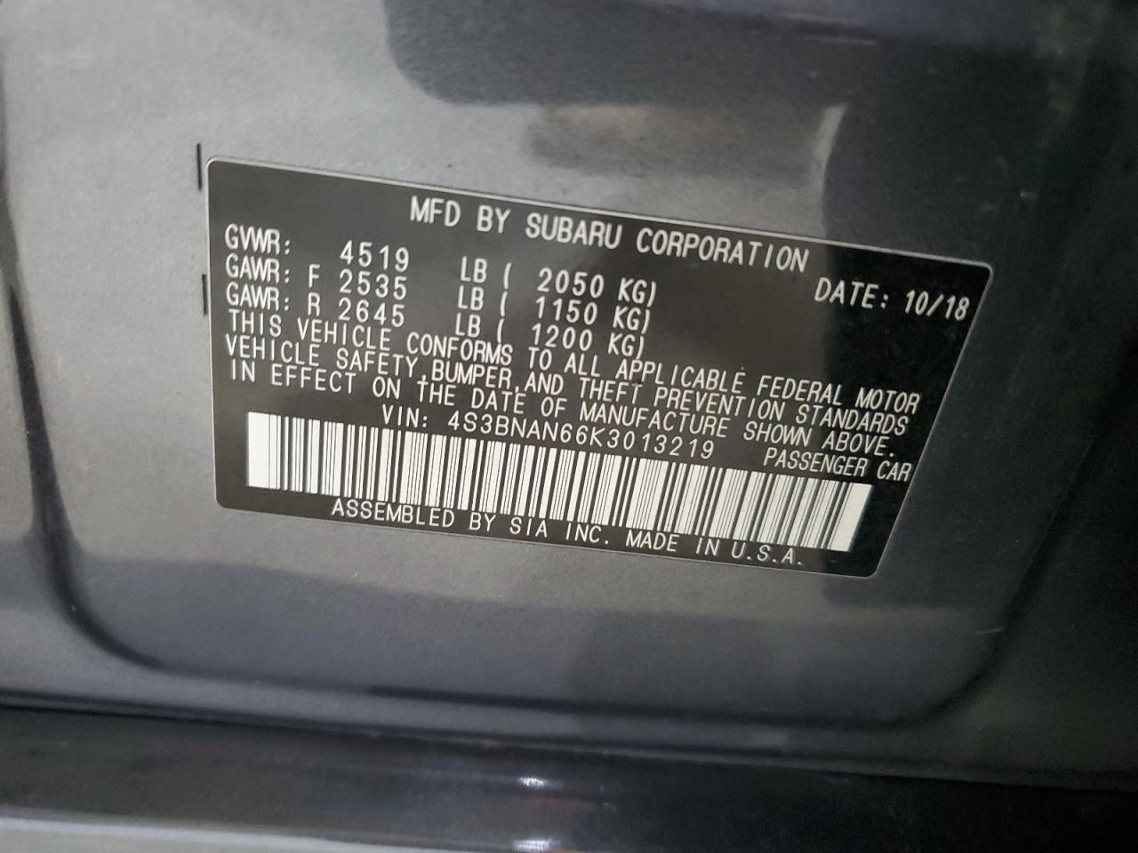 2019 Subaru Legacy 2.5I Limited VIN: 4S3BNAN66K3013219 Lot: 91959575