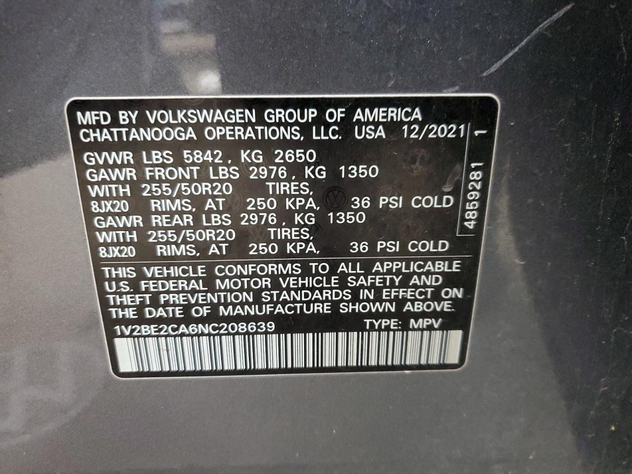 2022 Volkswagen Atlas Cross Sport Sel VIN: 1V2BE2CA6NC208639 Lot: 92753555