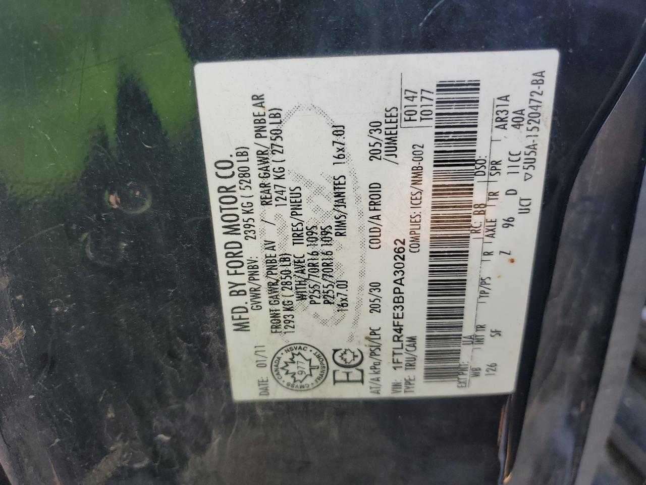 2011 Ford Ranger Super Cab VIN: 1FTLR4FE3BPA30262 Lot: 91916315