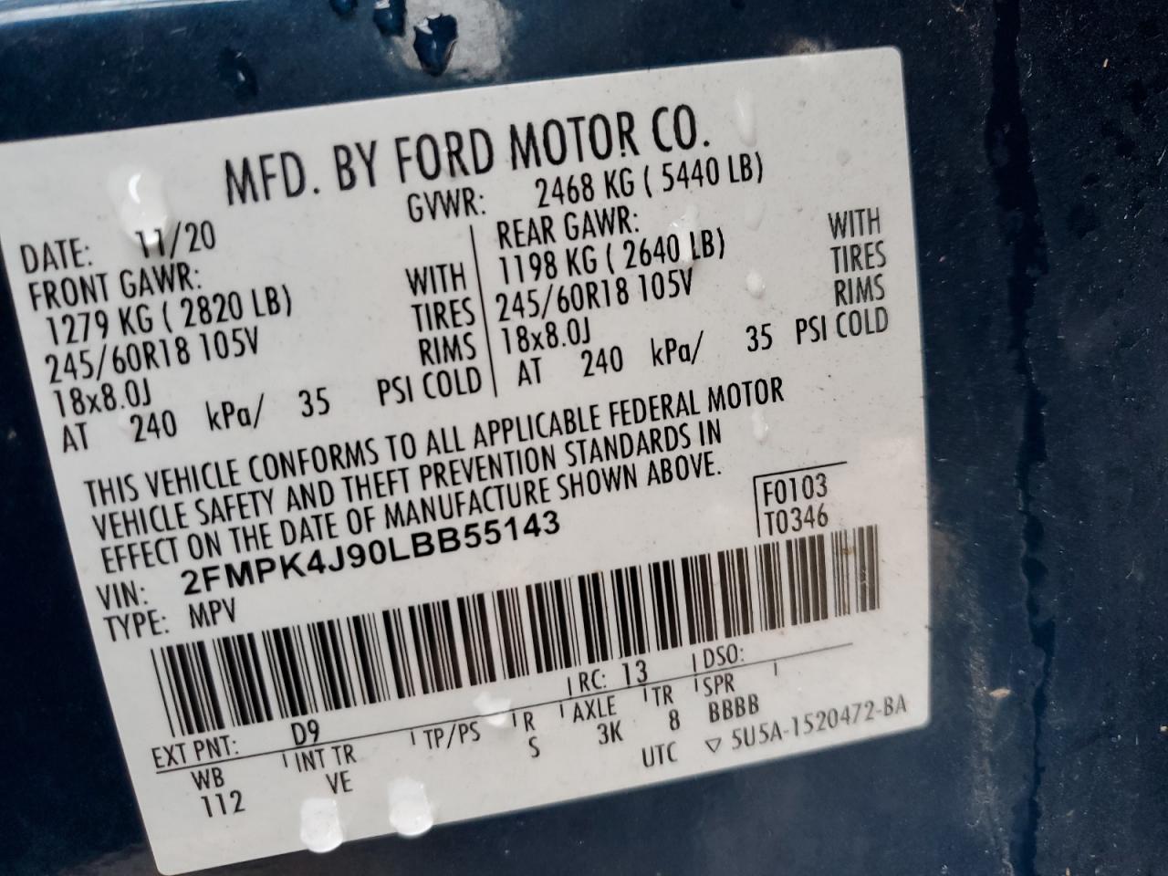 2020 Ford Edge Sel VIN: 2FMPK4J90LBB55143 Lot: 92416955