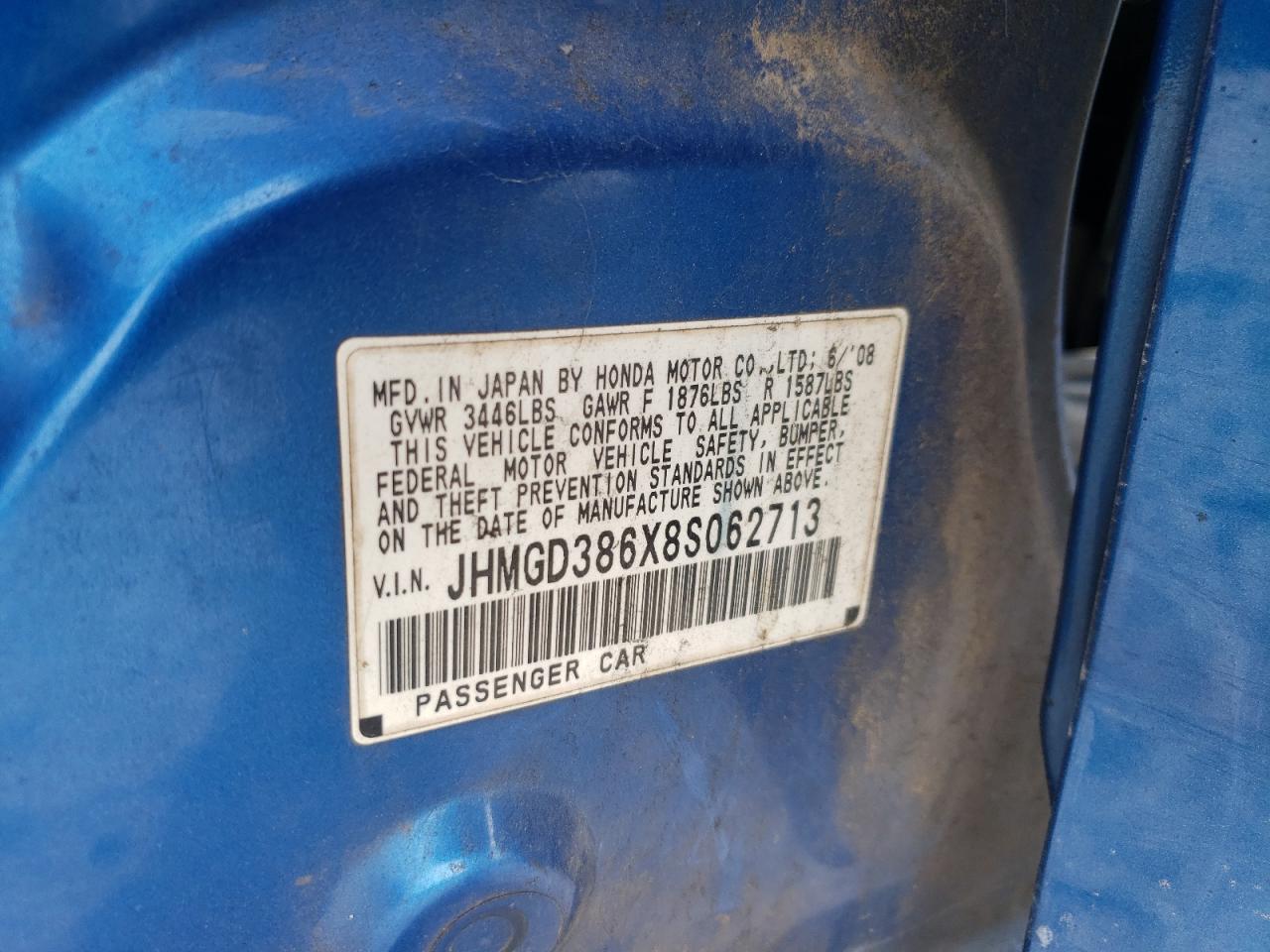 2008 Honda Fit Sport VIN: JHMGD386X8S062713 Lot: 93485205