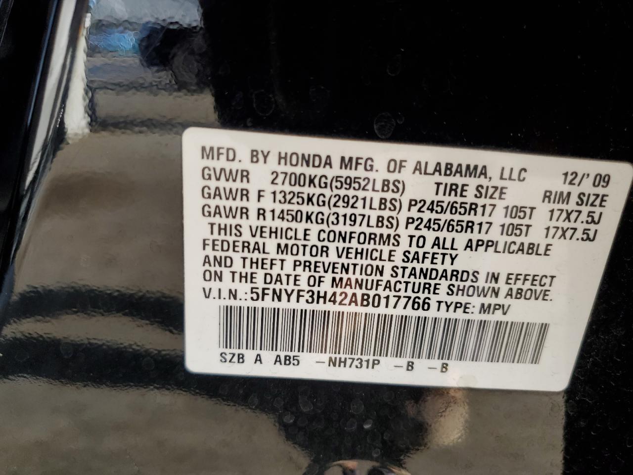 2010 Honda Pilot Ex VIN: 5FNYF3H42AB017766 Lot: 92307145