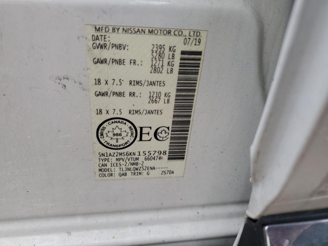 2019 Nissan Murano S VIN: 5N1AZ2MS6KN155798 Lot: 92907185