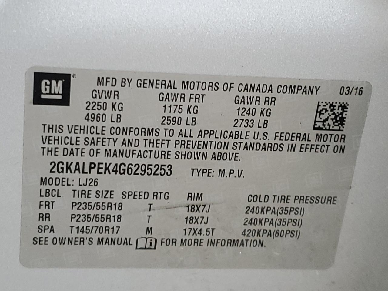 2016 GMC Terrain Slt VIN: 2GKALPEK4G6295253 Lot: 91442045