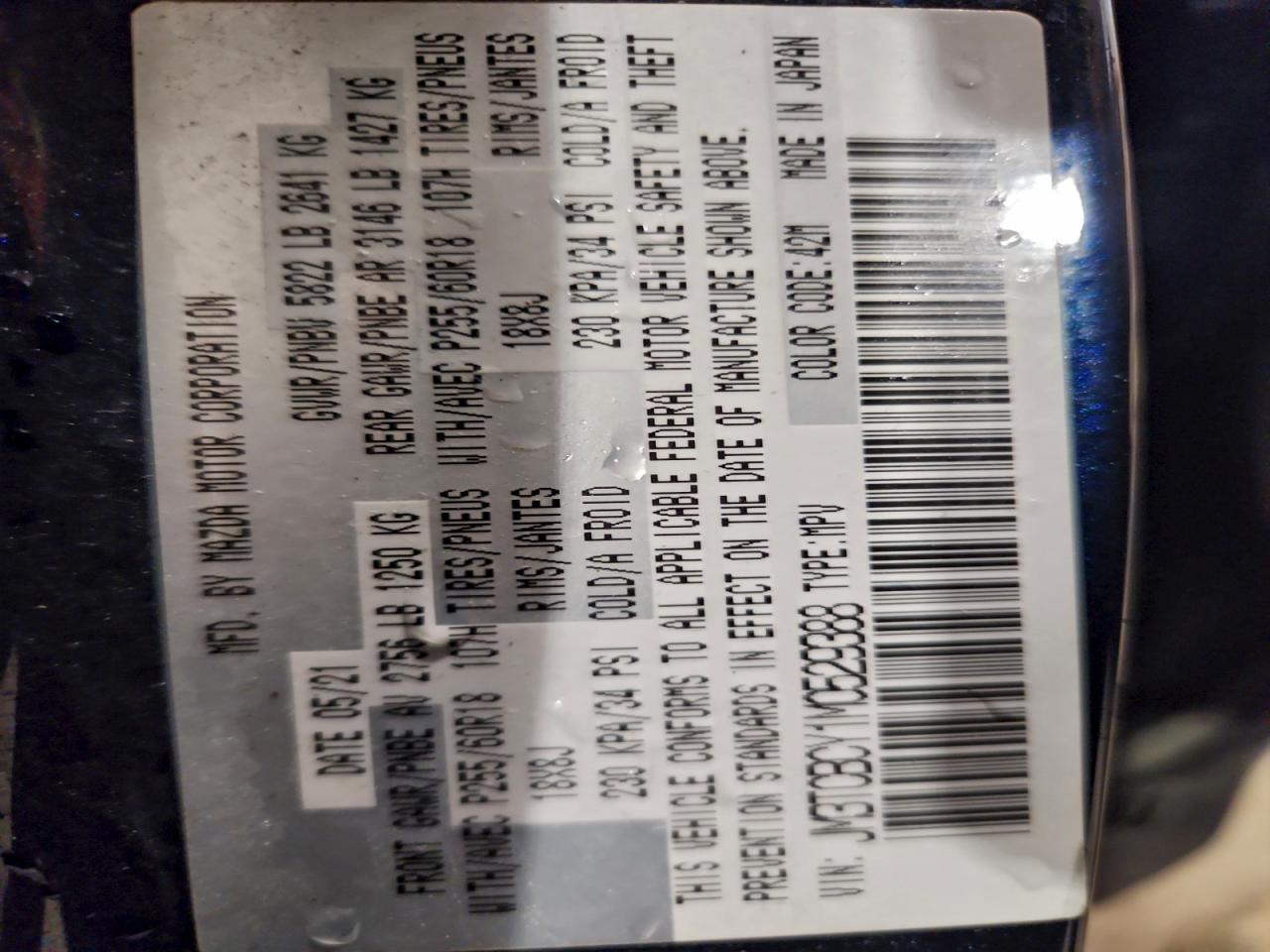 2021 Mazda Cx-9 Touring VIN: JM3TCBCY1M0529388 Lot: 93958905