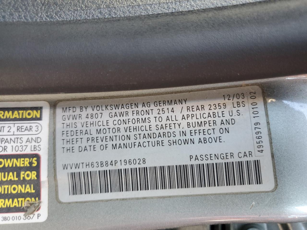 2004 Volkswagen Passat Glx 4Motion VIN: WVWTH63B84P196028 Lot: 93113975