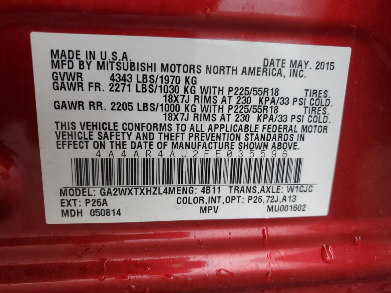 2015 Mitsubishi Outlander Sport Se VIN: 4A4AR4AU2FE035596 Lot: 93266735