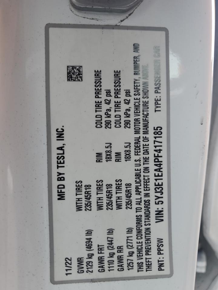 2023 Tesla Model 3 VIN: 5YJ3E1EA4PF417185 Lot: 92848425