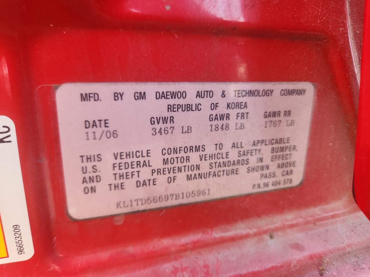 2007 Chevrolet Aveo Base VIN: KL1TD56697B105961 Lot: 92663665