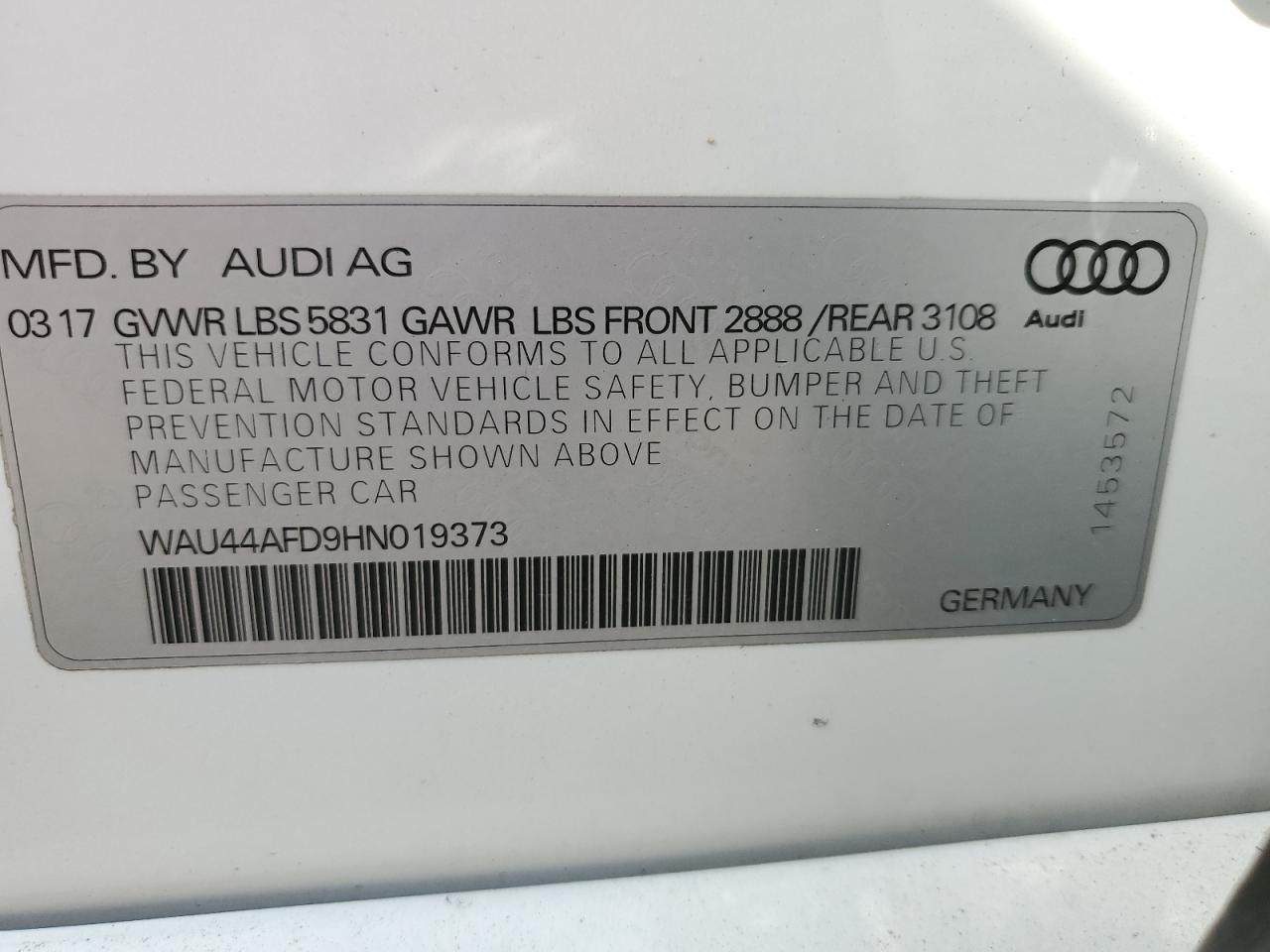 2017 Audi A8 L Quattro VIN: WAU44AFD9HN019373 Lot: 90878635