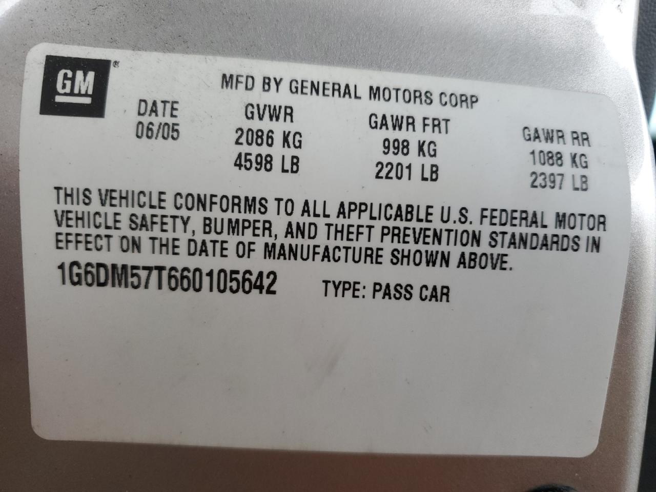 2006 Cadillac Cts VIN: 1G6DM57T660105642 Lot: 92445325