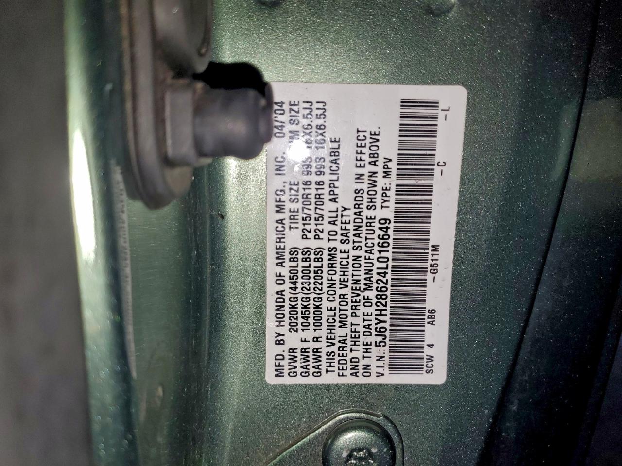 2004 Honda Element Ex VIN: 5J6YH28624L016649 Lot: 93969605