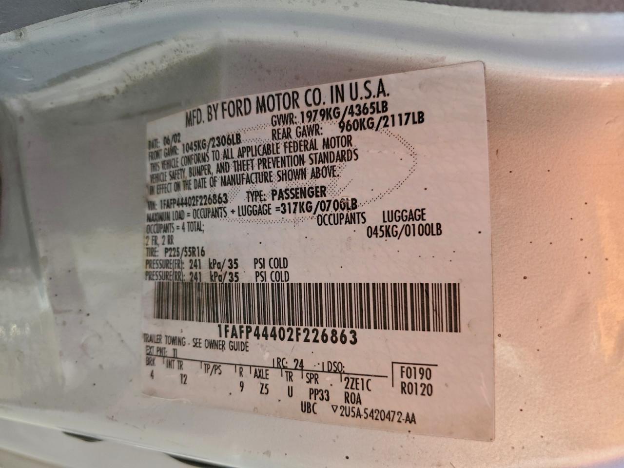 2002 Ford Mustang VIN: 1FAFP44402F226863 Lot: 94375725