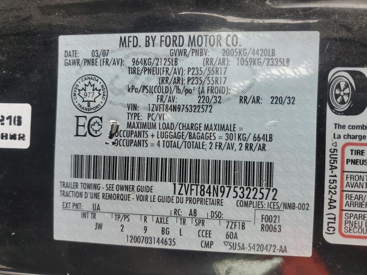 2007 Ford Mustang VIN: 1ZVFT84N975322572 Lot: 92823295