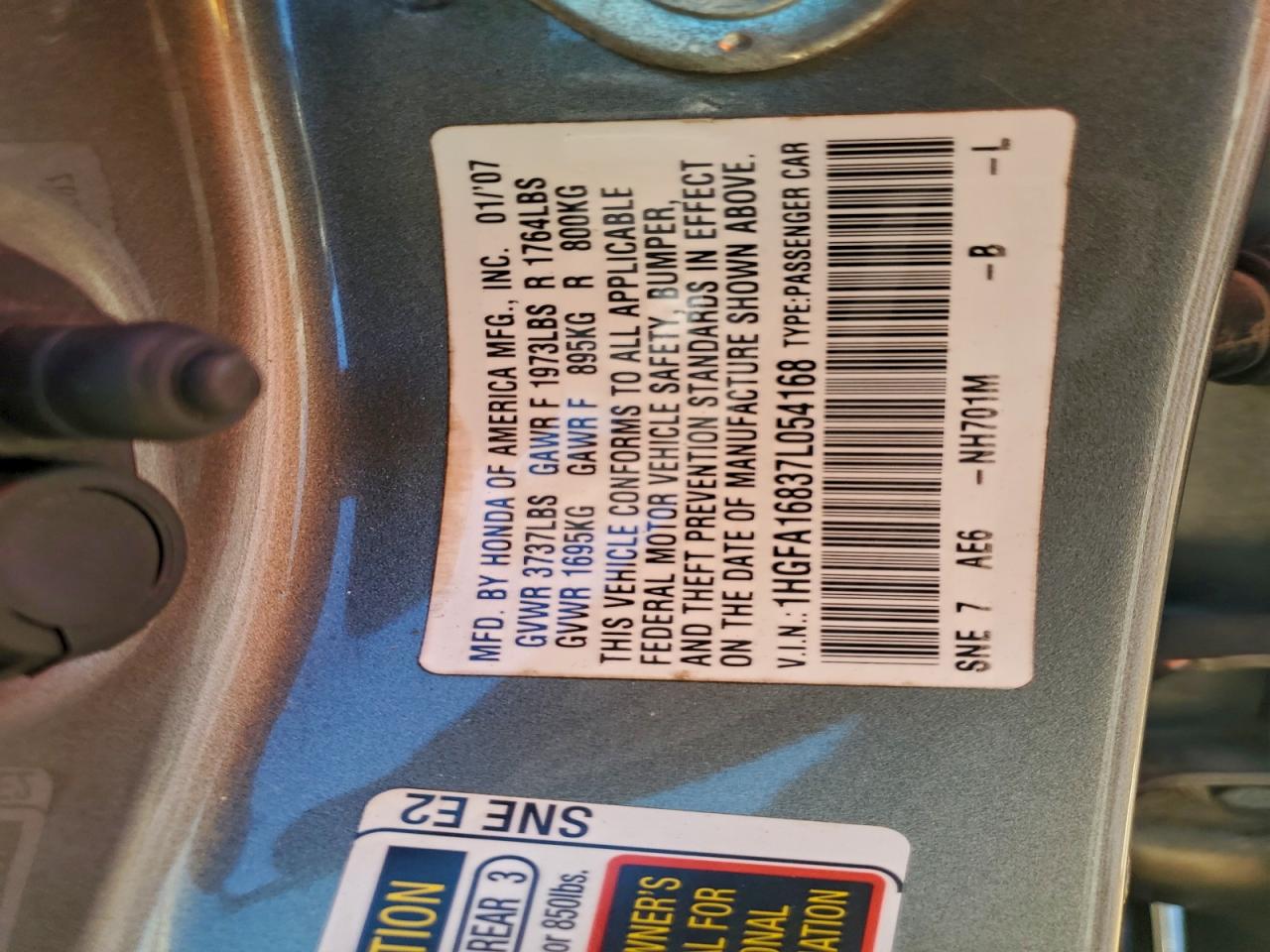 2007 Honda Civic Ex VIN: 1HGFA16837L054168 Lot: 94033975