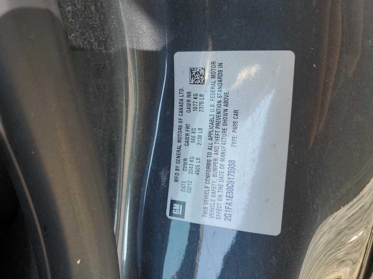 2012 Chevrolet Camaro Ls VIN: 2G1FA1E38C9175938 Lot: 92261675