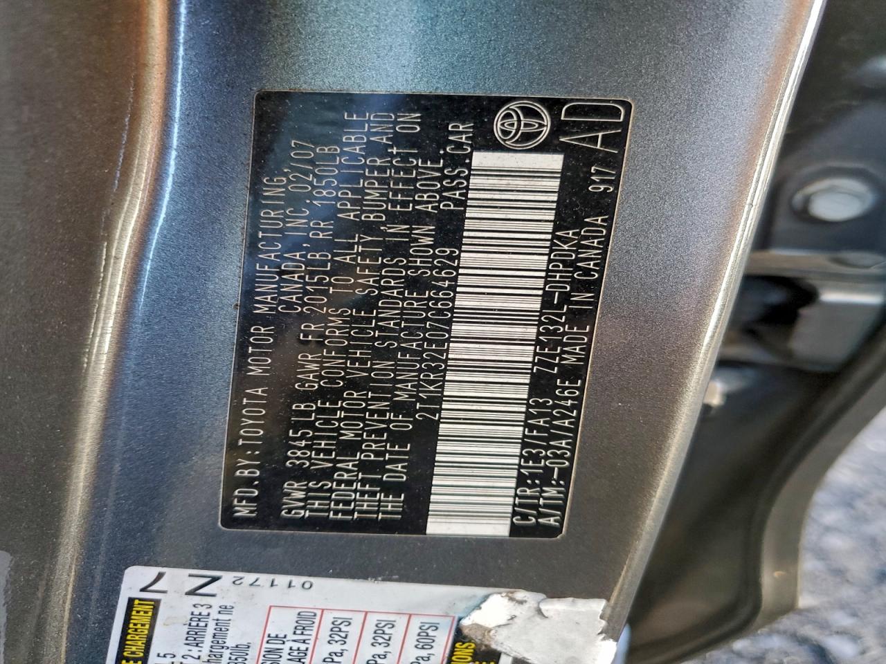 2007 Toyota Corolla Matrix Xr VIN: 2T1KR32E07C664629 Lot: 94042805