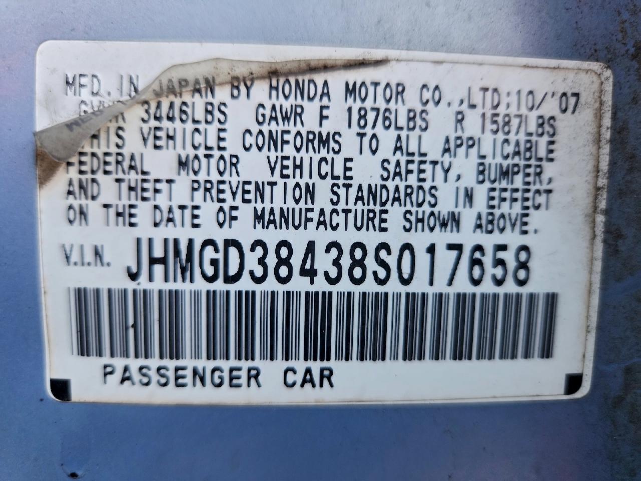 2008 Honda Fit VIN: JHMGD38438S017658 Lot: 93506035