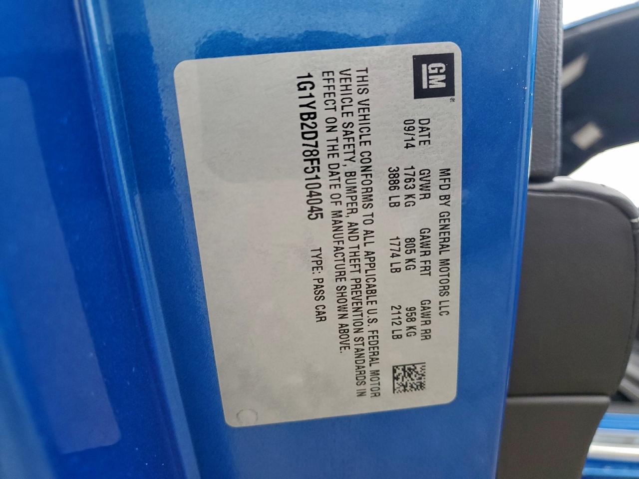 2015 Chevrolet Corvette Stingray 1Lt VIN: 1G1YB2D78F5104045 Lot: 93761835