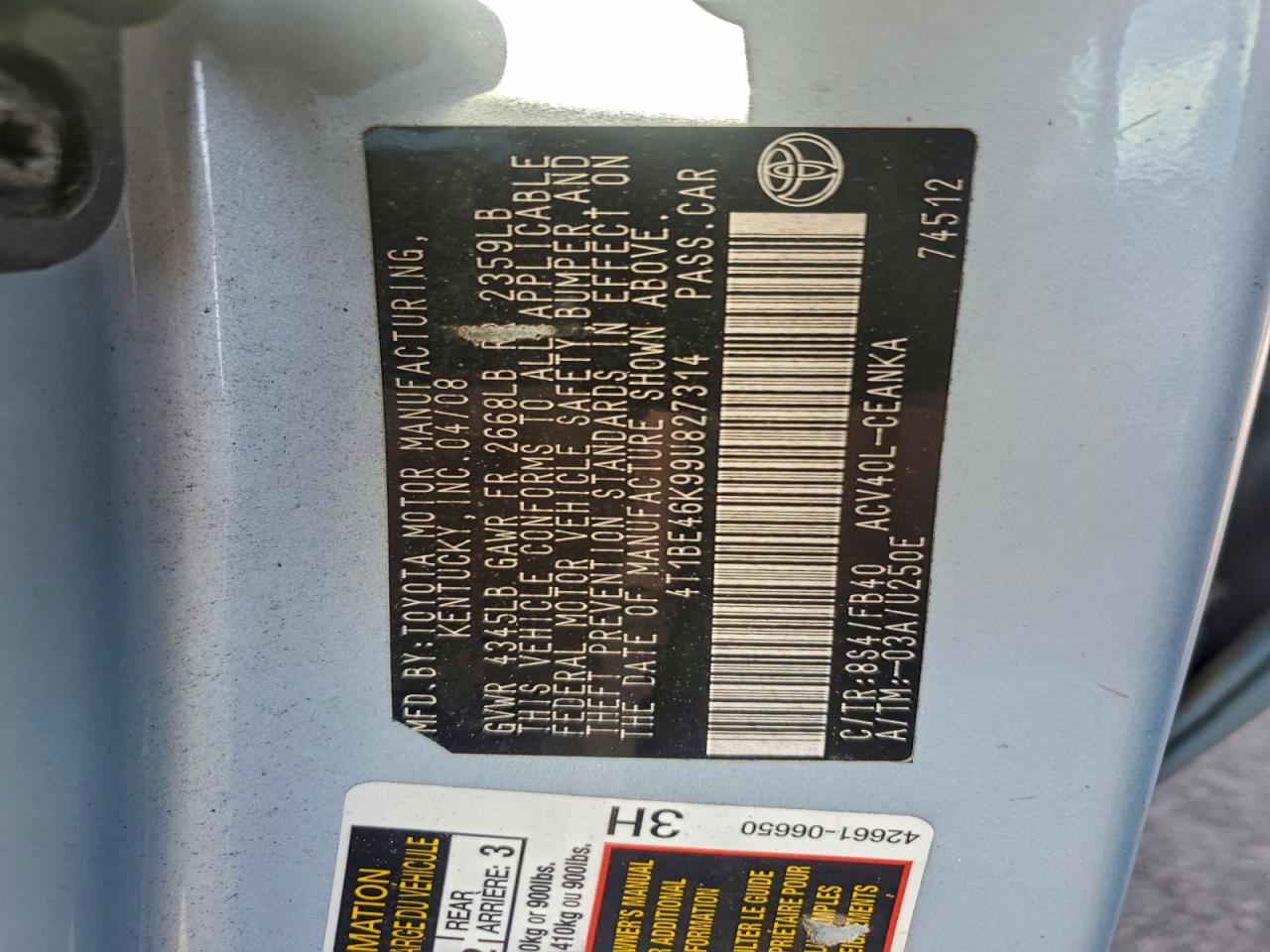 2009 Toyota Camry Base VIN: 4T1BE46K99U827314 Lot: 94383755