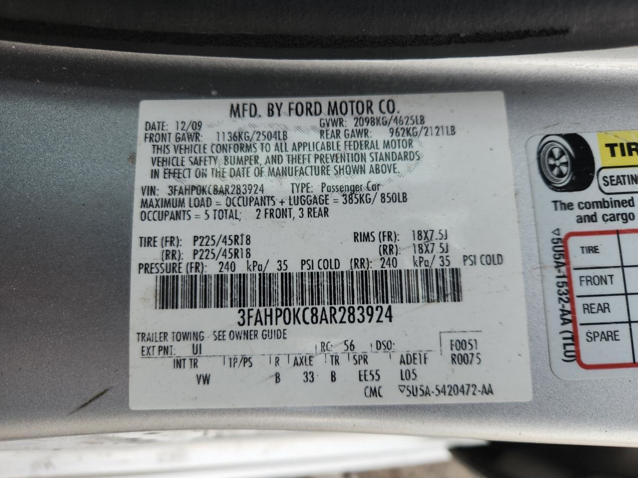 2010 Ford Fusion Sport VIN: 3FAHP0KC8AR283924 Lot: 93088405