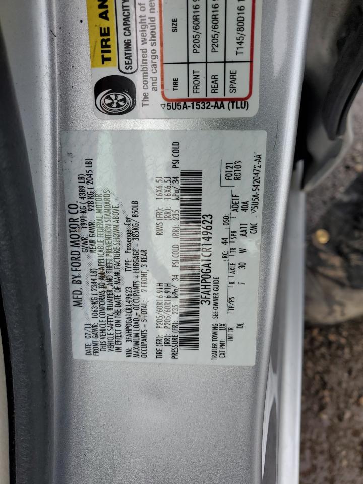 2012 Ford Fusion S VIN: 3FAHP0GA1CR149623 Lot: 91867875