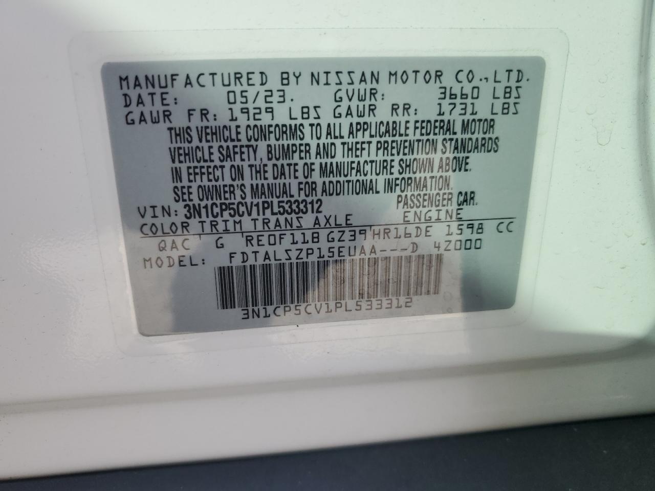 2023 Nissan Kicks Sv VIN: 3N1CP5CV1PL533312 Lot: 93292865