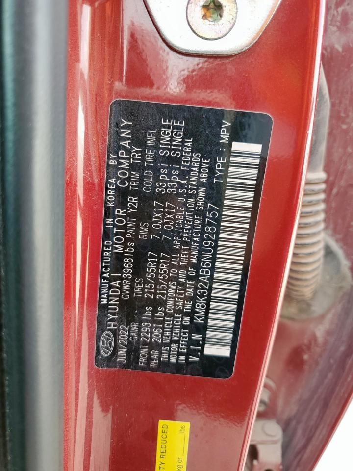 2022 Hyundai Kona Sel VIN: KM8K32AB6NU928757 Lot: 93536385