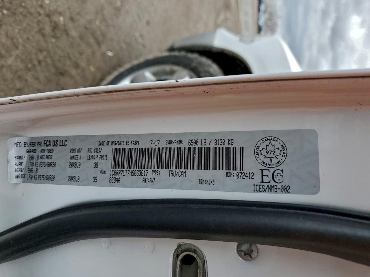 2017 Ram 1500 Slt VIN: 1C6RR7LT7HS863817 Lot: 93396325