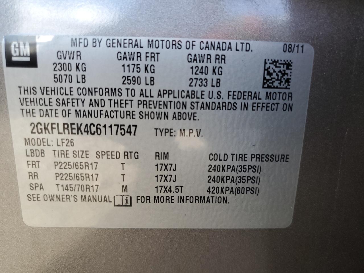 2012 GMC Terrain Sle VIN: 2GKFLREK4C6117547 Lot: 91237275