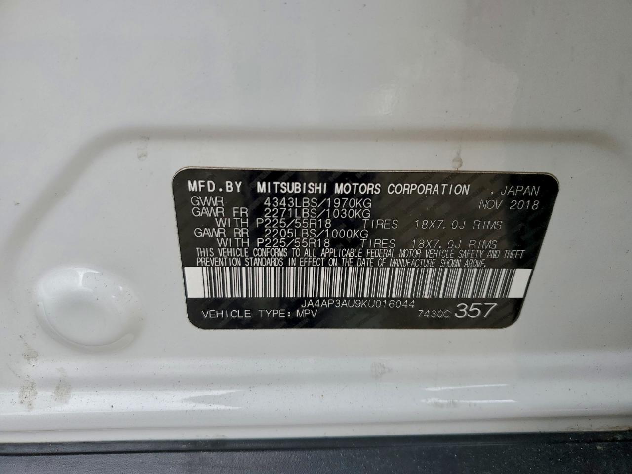 2019 Mitsubishi Outlander Sport Es VIN: JA4AP3AU9KU016044 Lot: 94070385