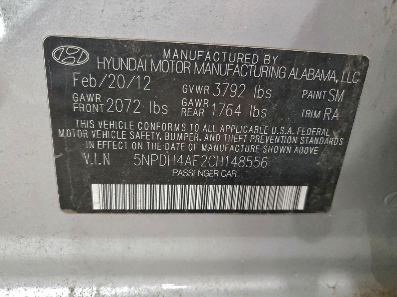 2012 Hyundai Elantra Gls VIN: 5NPDH4AE2CH148556 Lot: 94597145