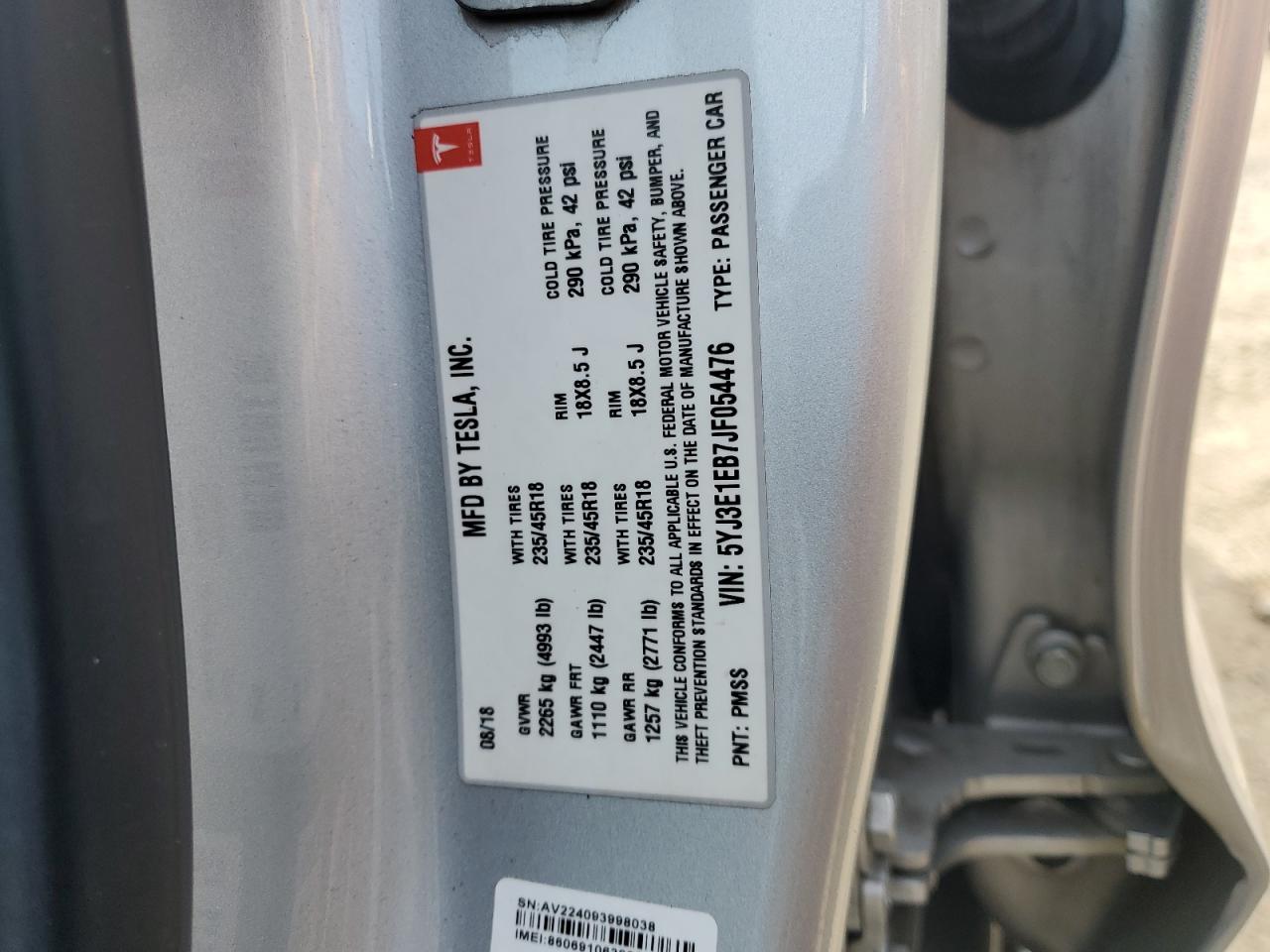 2018 Tesla Model 3 VIN: 5YJ3E1EB7JF054476 Lot: 91881235